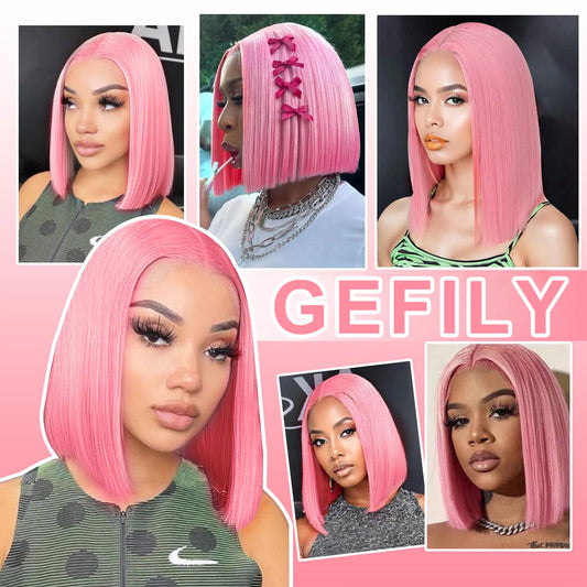 Gefily 10” 13x4 Pink Straight Bob Wig – HD Lace, 100% Human Hair,Cosplay Colorful Style