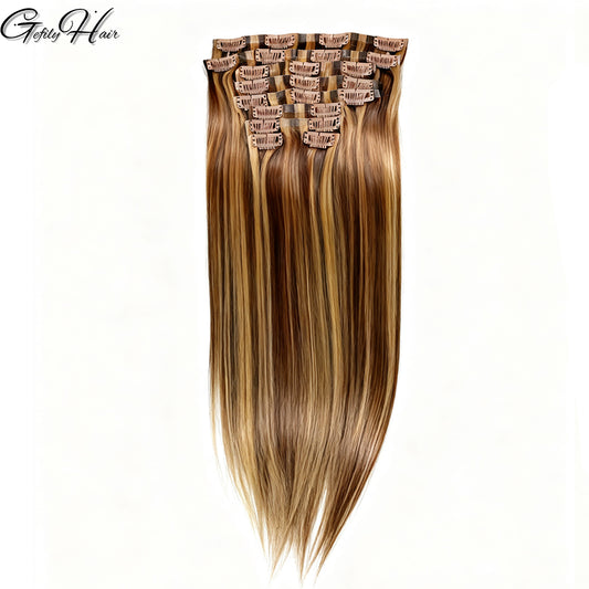 Gefily 16’’–24’’ 9PCS 120g 4/27 Highlight Brown Straight Clip-In Human Hair Extensions – Soft Touch, Effortless Shine