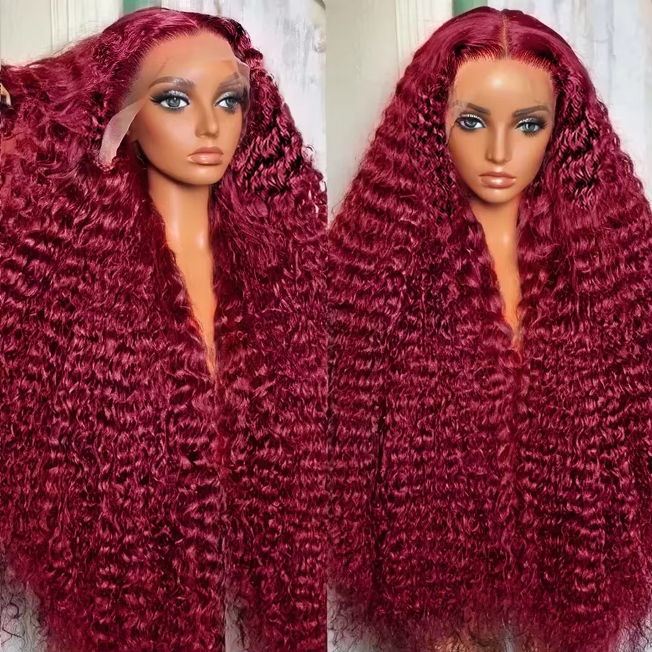 Gefily 20’’-40’’ 13x6 Lace Front Wig 99J Burgundy Red Curly Wave Deep Wave– Super Invisible Lace, Bold Color, Soft & Restyle-Friendly