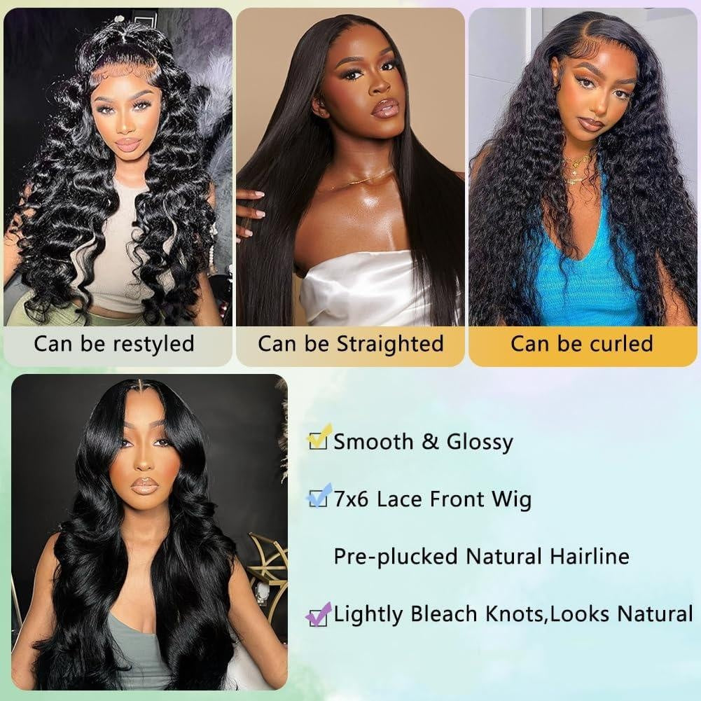 Gefily 18'' -42'' 7x6 Natural Black Body Wave Glueless Lace Front Wig β Lightweight & Breathable, Perfect Summer