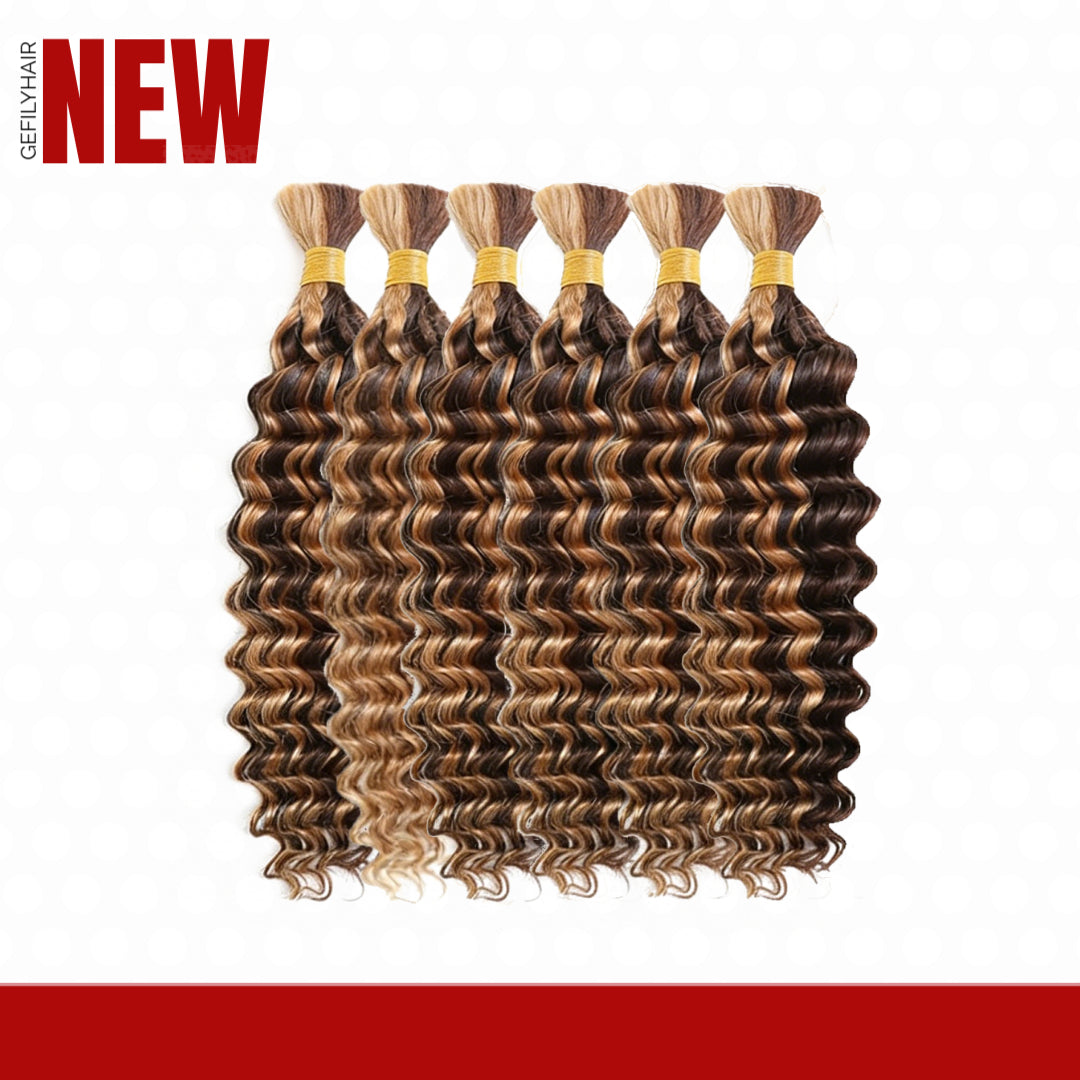 Gefily 18’’–22’’ Braiding Hair For Boho Braids  #4/27 Highlight Brown  Deep Curly Wave Hair Extensions  – 100% Virgin Human Hair, Soft & Full