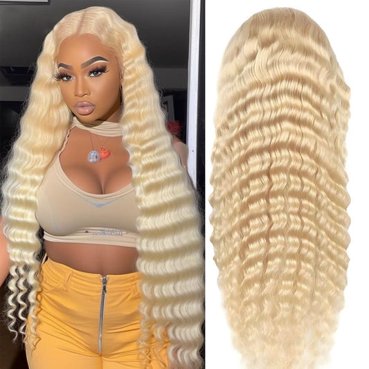 Gefily 16‘’-40‘’ 13x4/13x6 613 Blonde Lace Front Wig 613 Blonde Deep Wave & Water Wave Curly Wave-Invisible Lace, Soft & Restyle-Friendly