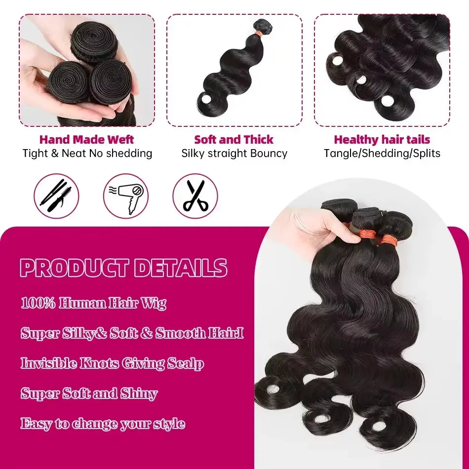 Gefily 16"-34" Natural Black Body Wave Raw 1 3 4 Bundles 100% Unprocessed Human Hair Wavys Virgin Bundles Weave Extensions