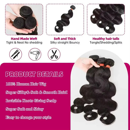 Gefily 16"-34" Natural Black Body Wave Raw 1 3 4 Bundles 100% Unprocessed Human Hair Wavys Virgin Bundles Weave Extensions