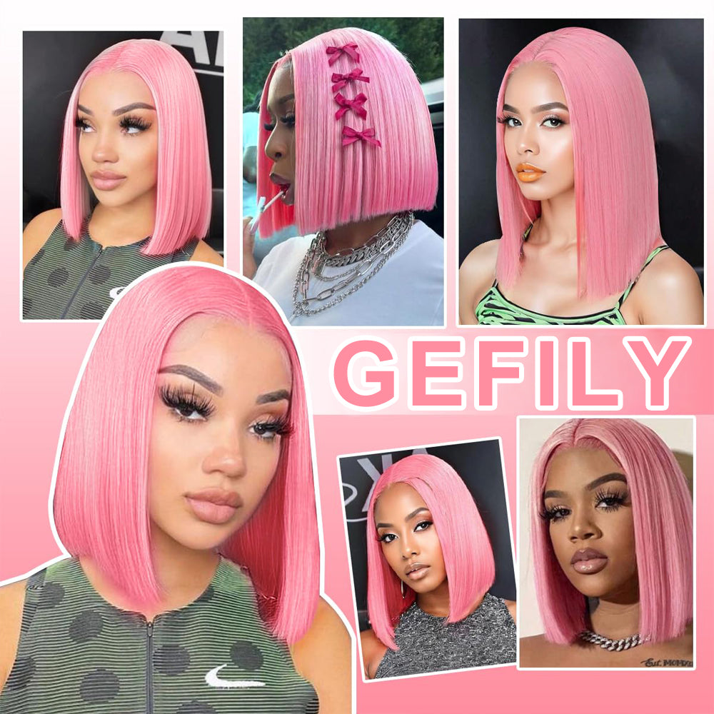 Gefily 10” 13x4 Pink Straight Bob Wig – HD Lace, 100% Human Hair,Cosplay Colorful Style