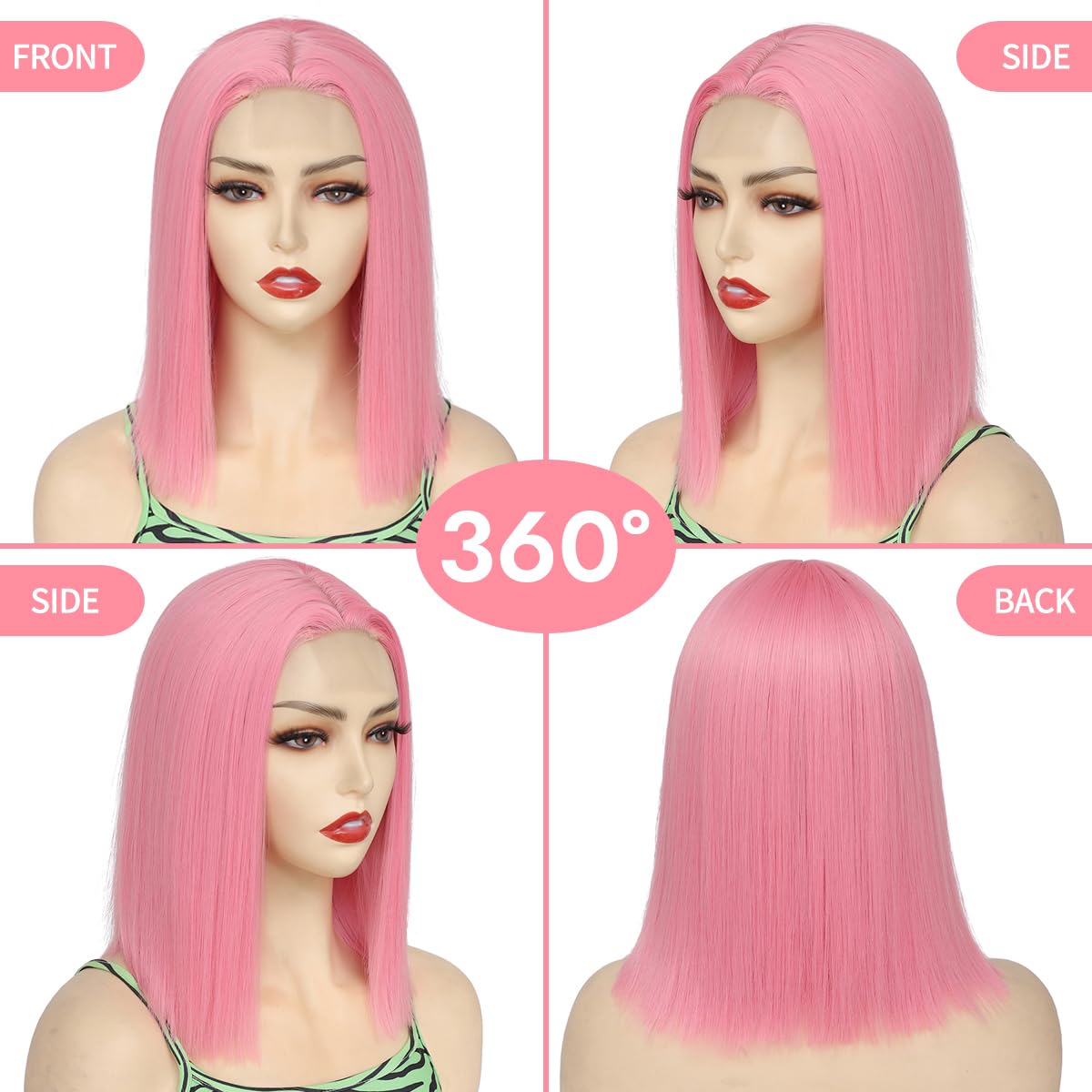 Gefily-Colorful Pink 13x4 Lace 10 Inch Straight Bob Wig Human Hair