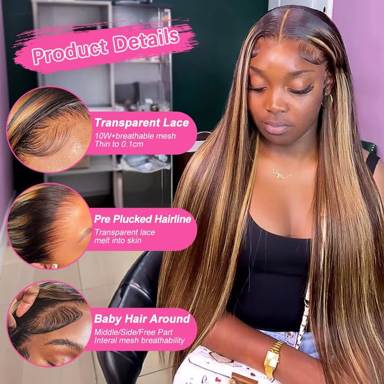 Gefily-4/27Highlight Long Straight Human Hair Super Invisible Lace Front Wigs
