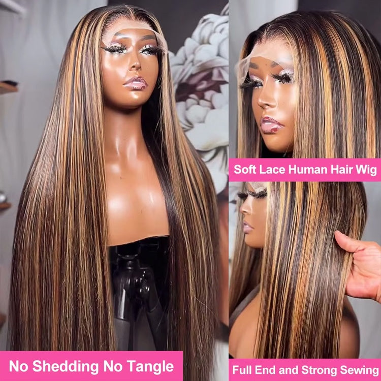 Gefily-4/27Highlight Long Straight Human Hair Super Invisible Lace Front Wigs