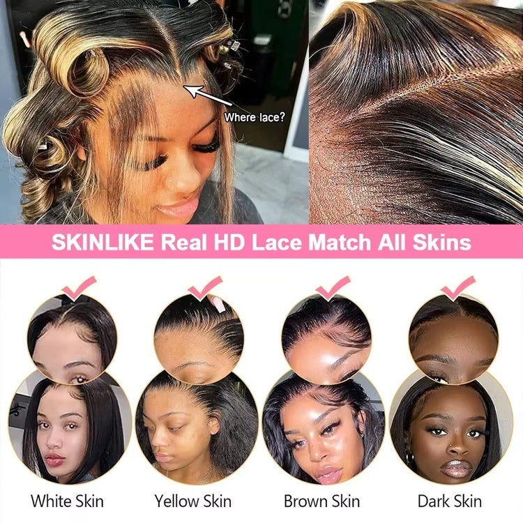 Gefily-4/27Highlight Long Straight Human Hair Super Invisible Lace Front Wigs