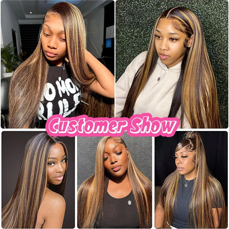 Gefily-4/27Highlight Long Straight Human Hair Super Invisible Lace Front Wigs