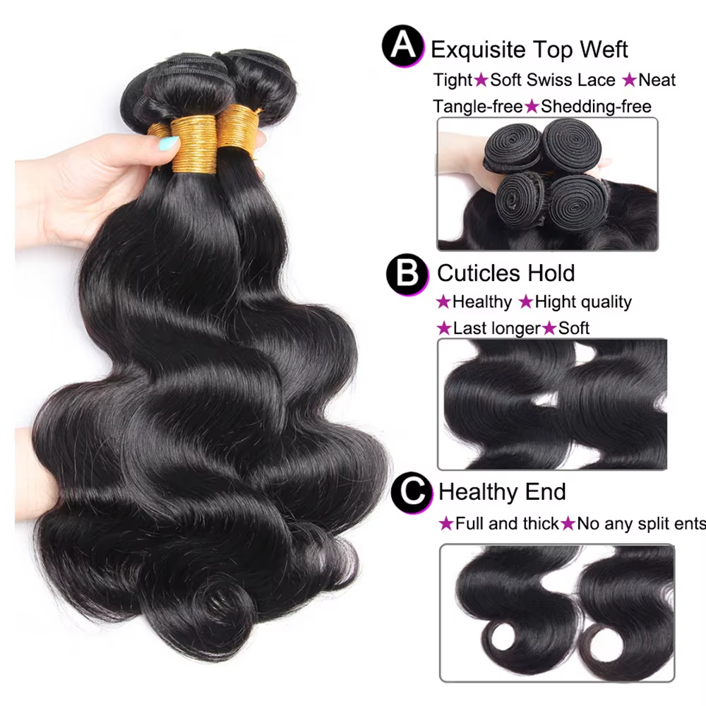 Gefily 16-34Inch Natural Black Body Wave Hair Bundles Virgin Brazilian Hair Weave 4 Bundles