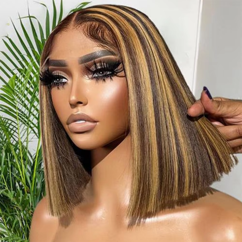 Gefily 10‘’ 13x4 4/27 Highlight Brown Blonde Straight Bob Wig – Transparent Lace, 100% Human Hair, Effortless Natural Look