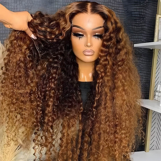 Gefily 20‘’-36‘’ 13x6 4/27 Highlight Ombre Honey Blonde Lace Front Wig Curly & Deep Wave -100%Human Hair,Lightweight & Comfortable, Shine-Enhancing Highlights