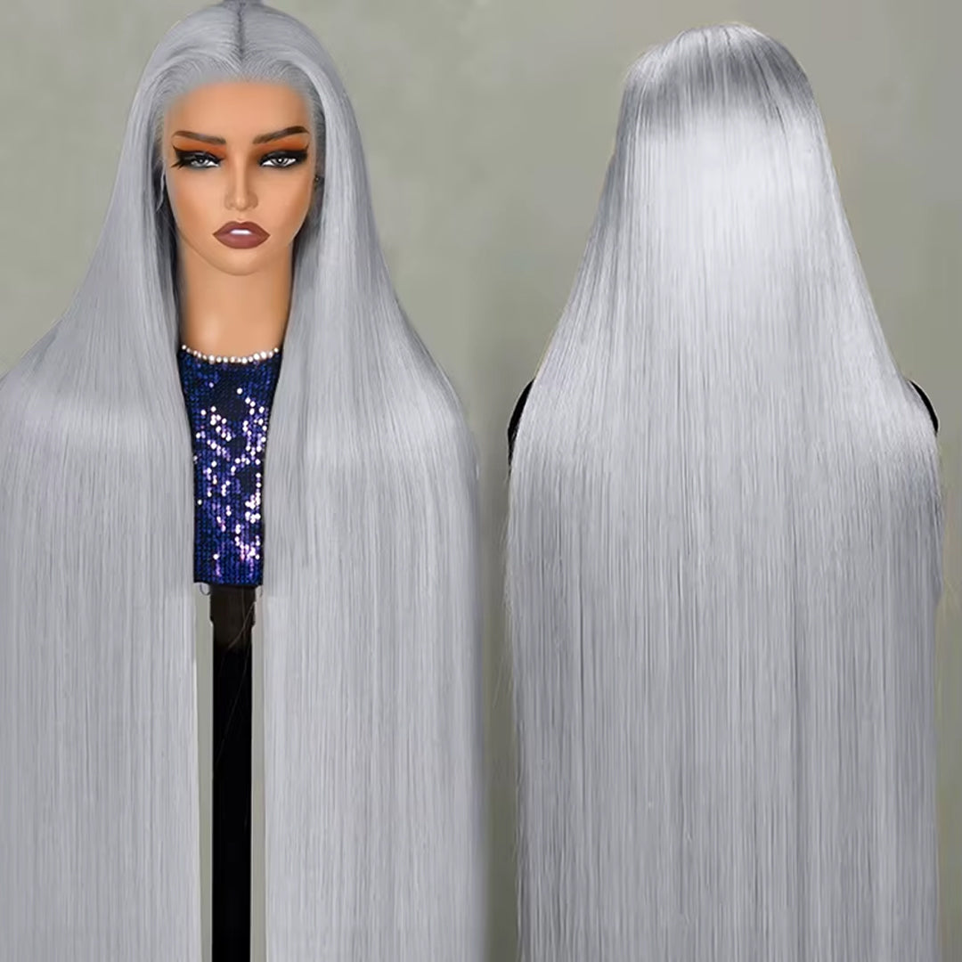 Gefily-Grey Long Straight Human Hair Super Invisible Lace Front Wigs