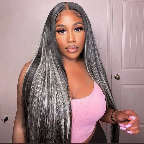 Gefily-Salt and pepper Long Straight Human Hair Super Invisible Lace Front Wigs