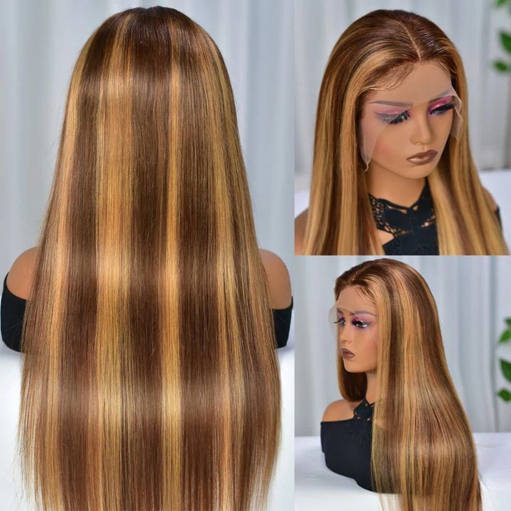 Gefily-4/27Highlight Long Straight Human Hair Super Invisible Lace Front Wigs