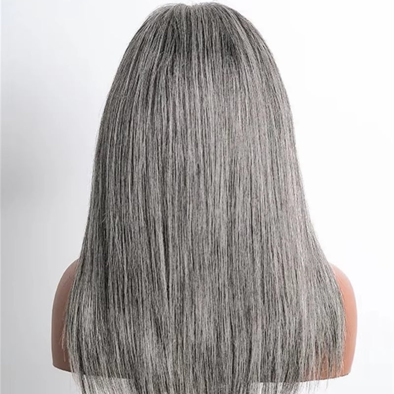 Gefily-Salt and pepper Long Straight Human Hair Super Invisible Lace Front Wigs