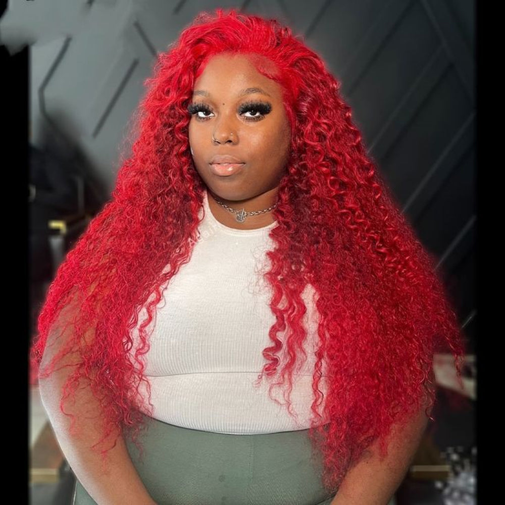 Gefily 20‘’-36‘’ 13x4 Fire Red Lace Front  Wig Curly Wave Deep Wave– Bold Color, Super Invisible Lace, 100% Human Hair, Vibrant Red Shade