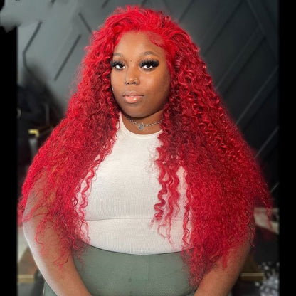 Gefily 20‘’-36‘’ 13x4 Fire Red Lace Front  Wig Curly Wave Deep Wave– Bold Color, Super Invisible Lace, 100% Human Hair, Vibrant Red Shade