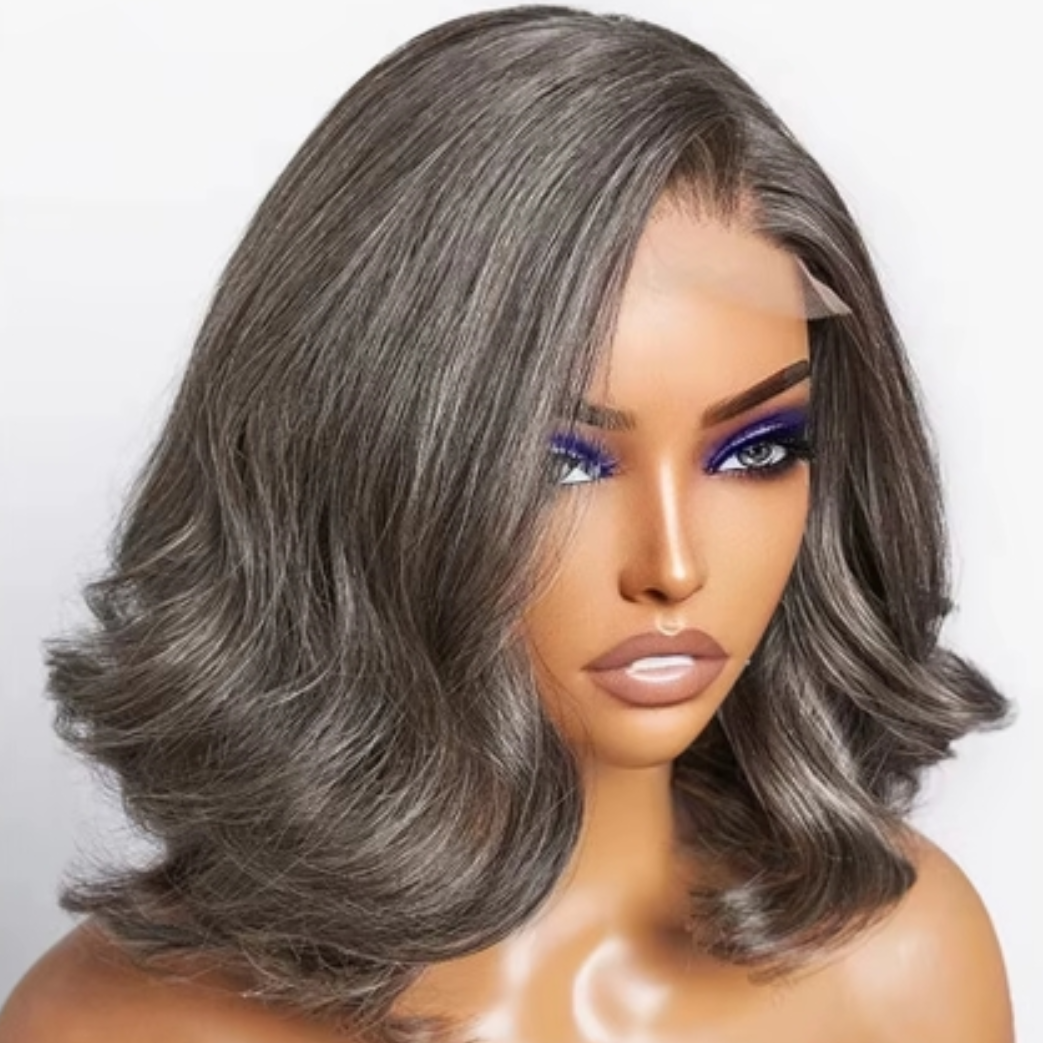 Gefily-12 Inch Salt & Pepper Layered Bob Wig Body Wave 5x5 Glueless Pre-Cut Grey Wig