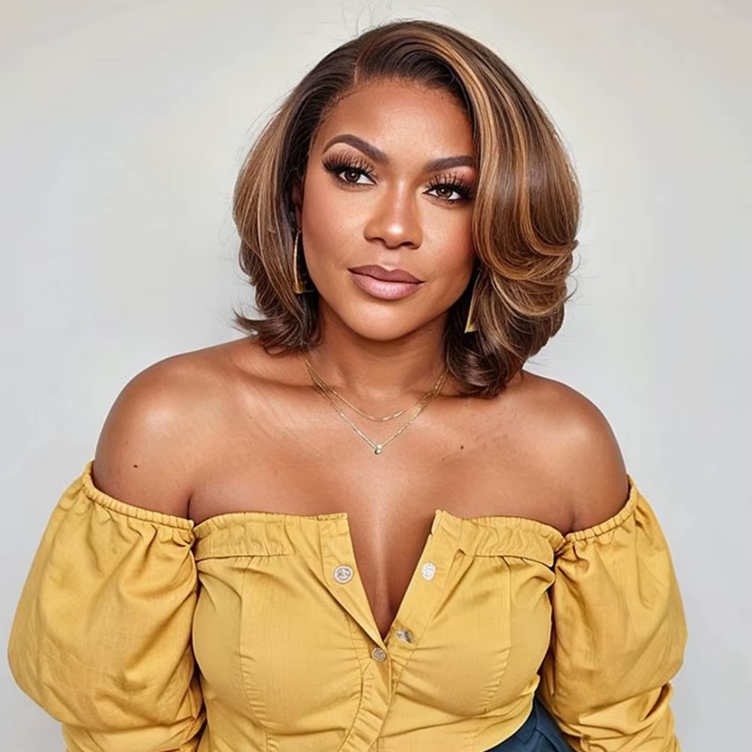 Gefily-12 Inch Toffee Brown Mix Blonde Glueless 5x5 Closure Lace Bob Wig