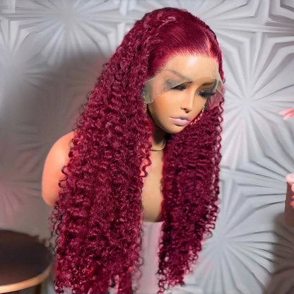Gefily 20’’-40’’ 13x6 Lace Front Wig 99J Burgundy Red Curly Wave Deep Wave– Super Invisible Lace, Bold Color, Soft & Restyle-Friendly