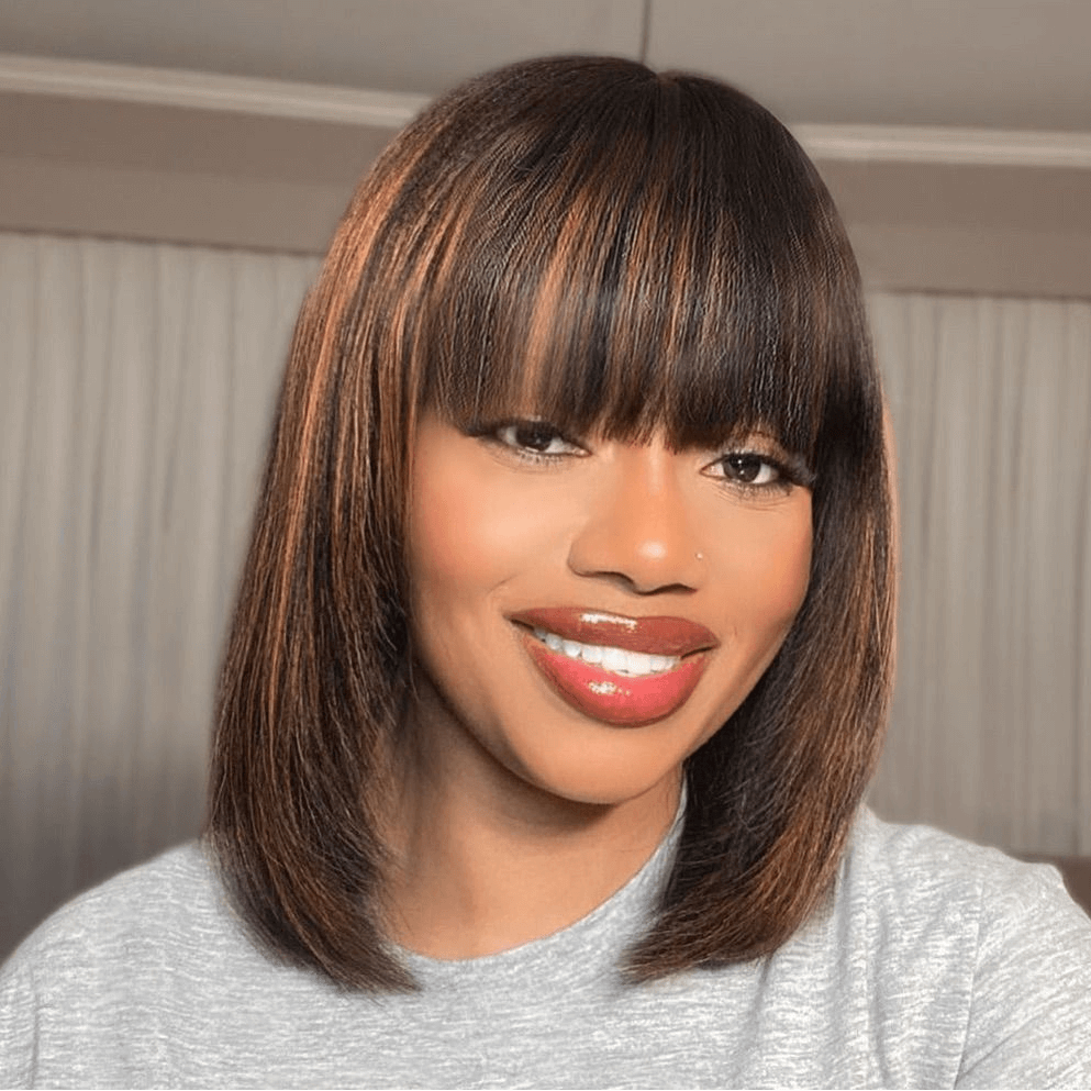Gefily-10 Inch Glueless Bob Wig w/ Bangs (Highlight Brown)