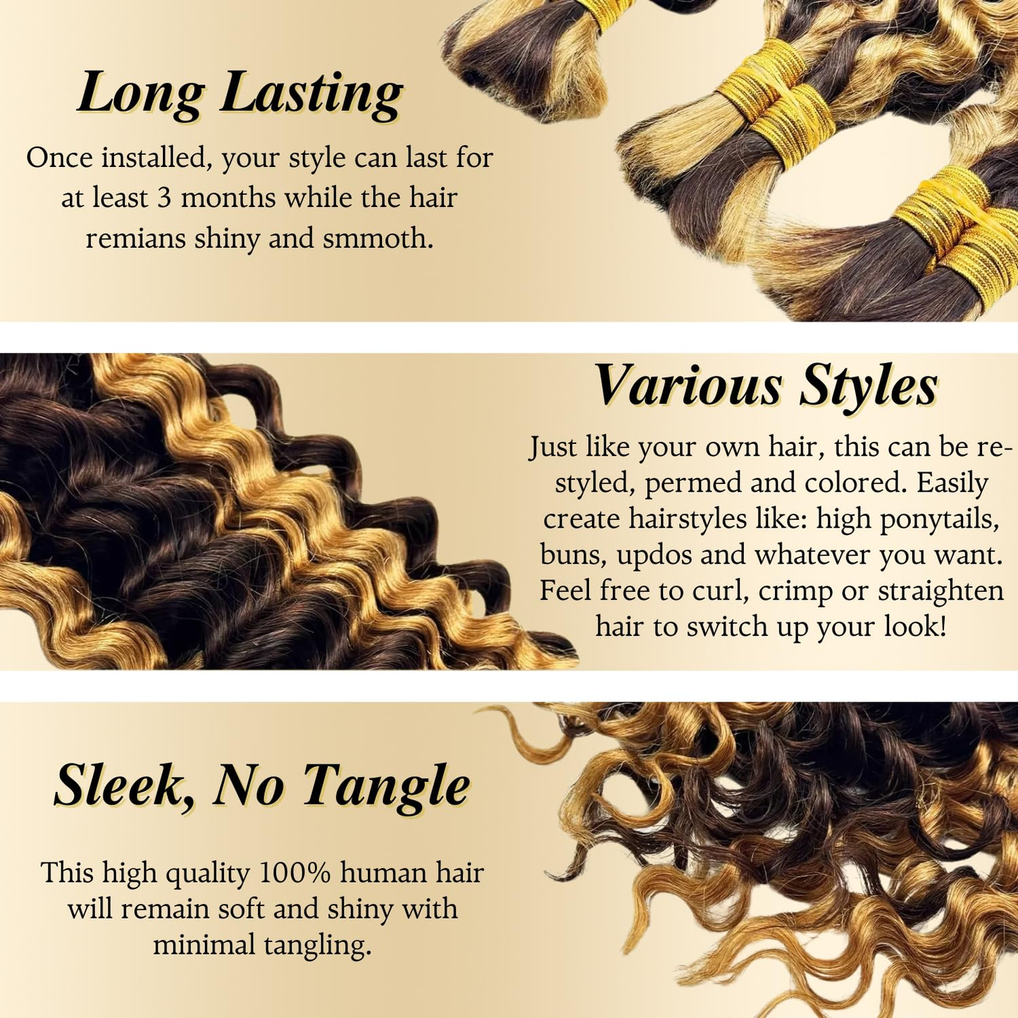 Gefily 16’’–26’’ Braiding Hair #4/27 Highlight Brown  Deep Curly Wave Hair – 100% Virgin Human Hair, Soft & Full