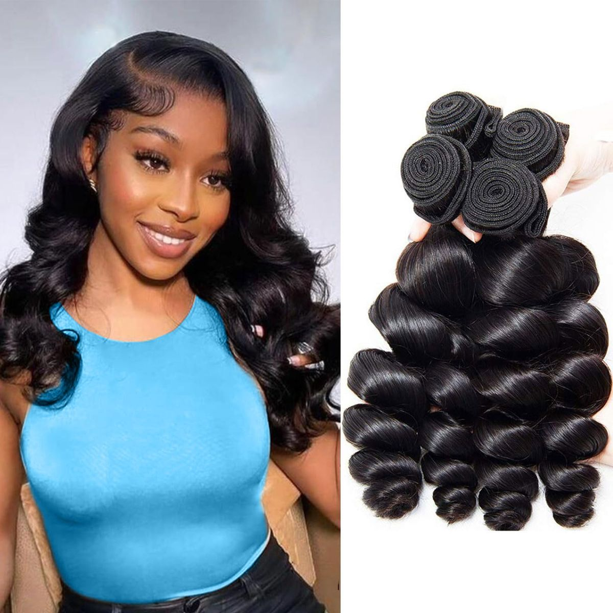 Gefily 16-34Inch Natural Black Loose Wave Hair Bundles Virgin Brazilian Hair Weave 4 Bundles