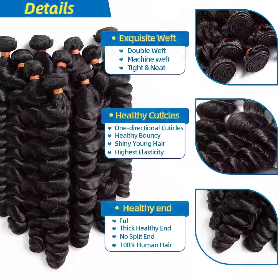 Gefily 16-34Inch Natural Black Loose Wave Hair Bundles Virgin Brazilian Hair Weave 4 Bundles
