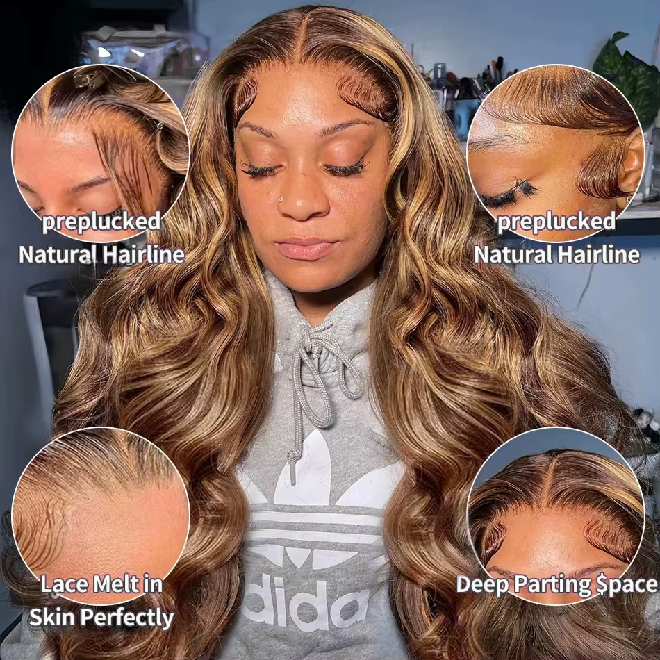Gefily 20’’–42’’13x6 Lace Front Wig 4/27 Highlight Ombre Honey Blonde Body Wave – Sunlit Brown & Blonde Highlights, Silky Human Hair, Natural-Looking & Long-Lasting