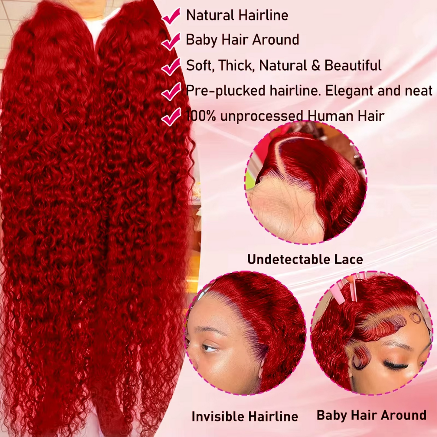 Gefily 20‘’-36‘’ 13x4 Fire Red Lace Front  Wig Curly Wave Deep Wave– Bold Color, Super Invisible Lace, 100% Human Hair, Vibrant Red Shade