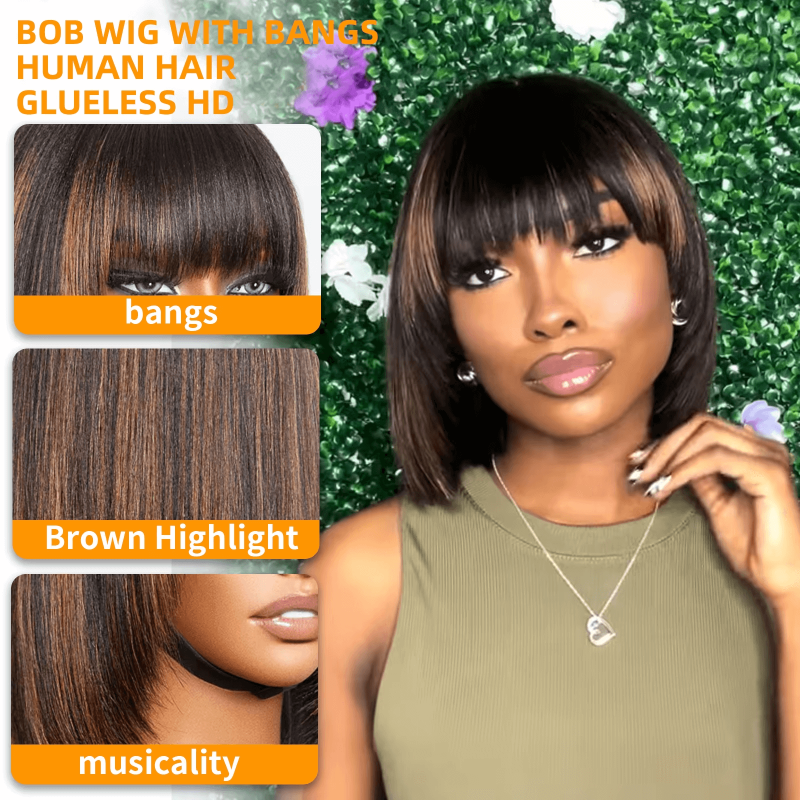 Gefily-10 Inch Glueless Bob Wig w/ Bangs (Highlight Brown)