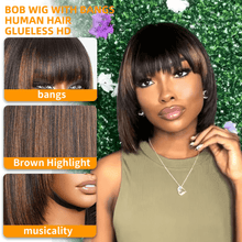 Gefily 10‘’ 2x1 4/27 Highlight Brown Bob Glueless Wig w/ Bangs-Ready-to-Wear,Natural & Stylish