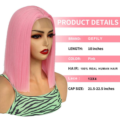 Gefily 10” 13x4 Pink Straight Bob Wig – HD Lace, 100% Human Hair,Cosplay Colorful Style