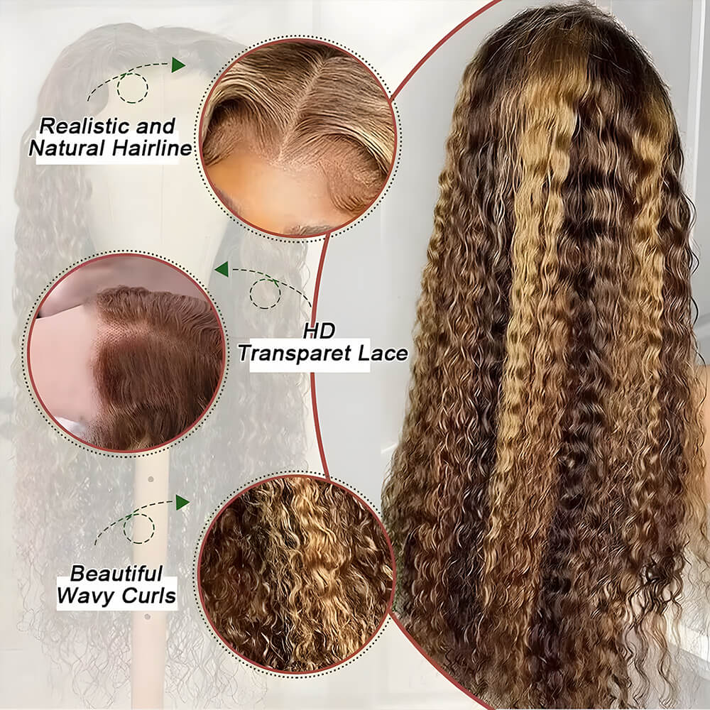 Gefily 20‘’-36‘’ 13x6 4/27 Highlight Ombre Honey Blonde Lace Front Wig Curly & Deep Wave -100%Human Hair,Lightweight & Comfortable, Shine-Enhancing Highlights