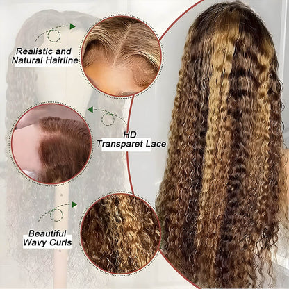 Gefily 20‘’-36‘’ 13x6 4/27 Highlight Ombre Honey Blonde Lace Front Wig Curly & Deep Wave -100%Human Hair,Lightweight & Comfortable, Shine-Enhancing Highlights