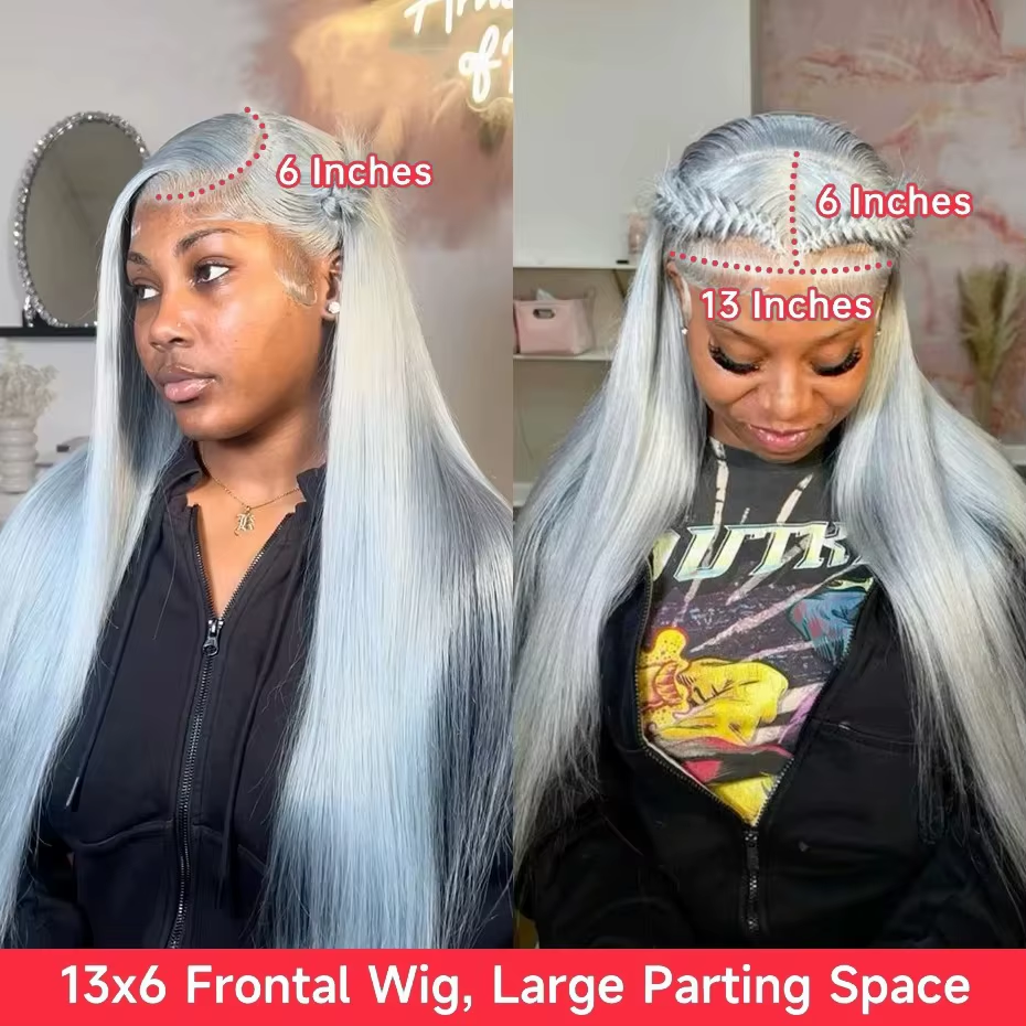 Gefily-Grey Long Straight Human Hair Super Invisible Lace Front Wigs