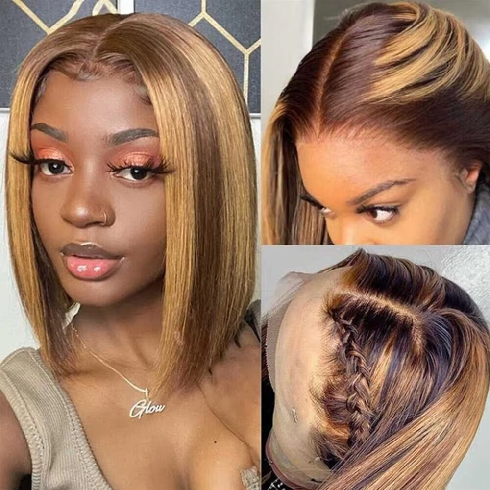 Highlight 4/27 Brown Blonde Color Straight 13x4 Lace Frontal Bob Wig Transparent Lace Human Hair Frontal Short Wig For Women