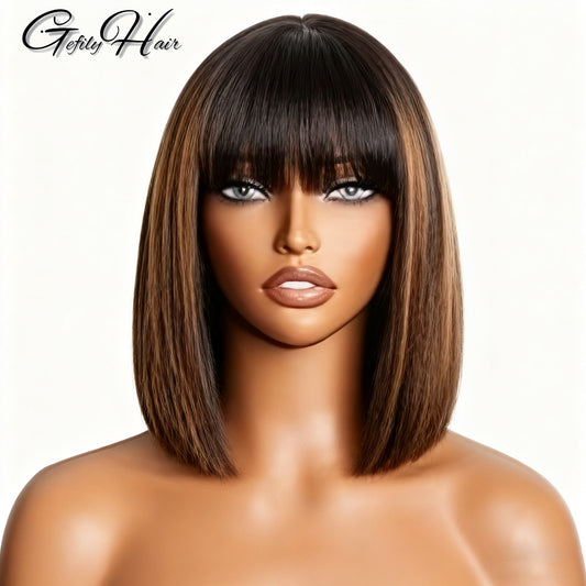 Gefily 10‘’ 2x1 4/27 Highlight Brown Bob Glueless Wig w/ Bangs-Ready-to-Wear,Natural & Stylish