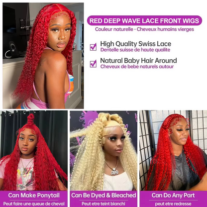 Gefily 20‘’-36‘’ 13x4 Fire Red Lace Front  Wig Curly Wave Deep Wave– Bold Color, Super Invisible Lace, 100% Human Hair, Vibrant Red Shade