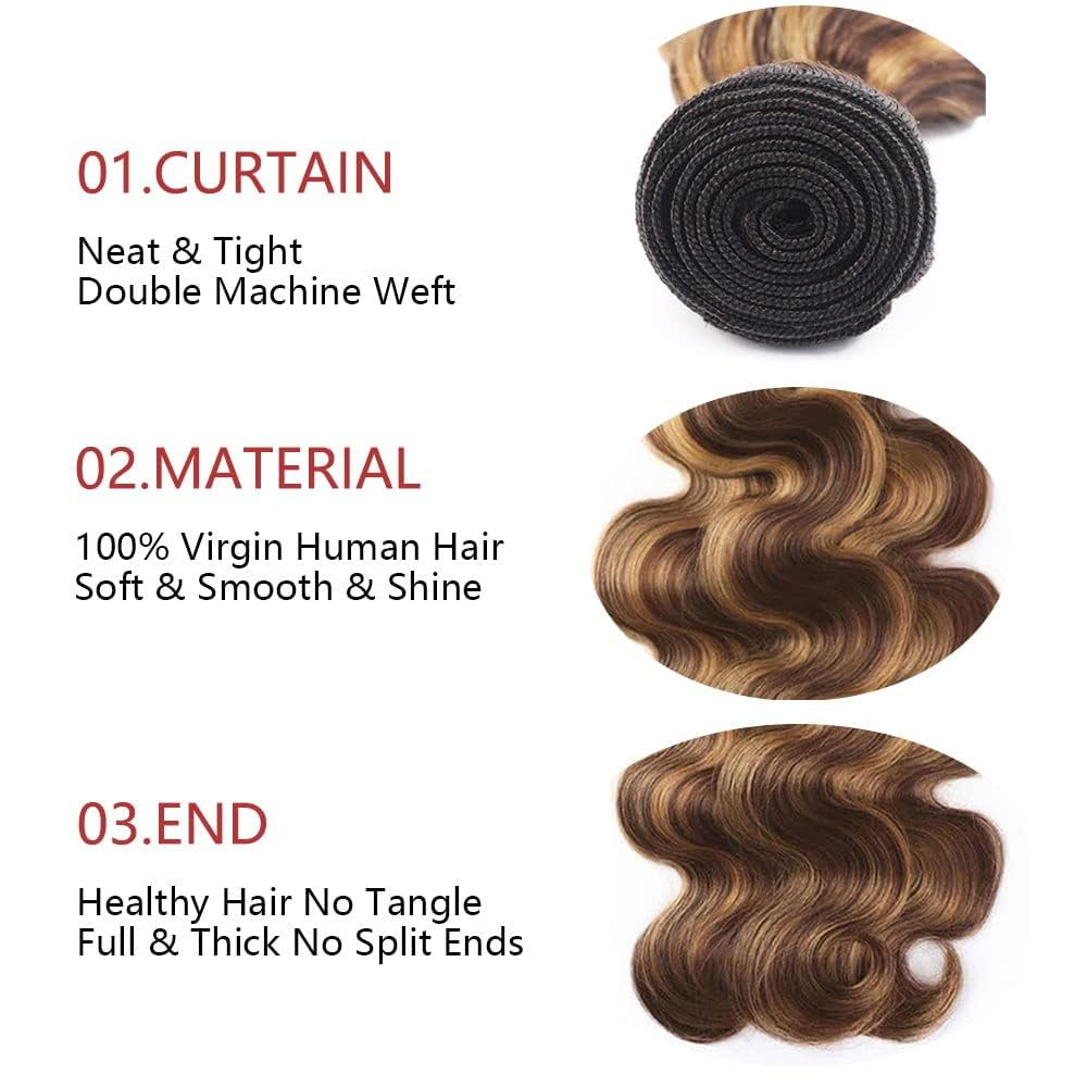 Gefily 16’’–30’’ 10A Classic #4/27 Highlight Brwon Body Wave Bundles Brazilian Hair – 100% Virgin Brazilian Human Hair, Soft, Full & Silky