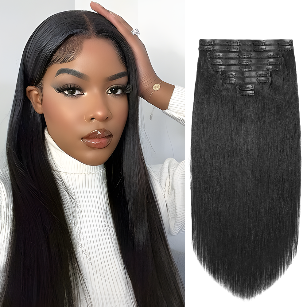 Gefily 16’’–30’’ 9PCS 120g Natural Black Straight Clip-In Human Hair Extensions – Silky & Seamless, Easy to Wear, Tangle-Free & Dyeable