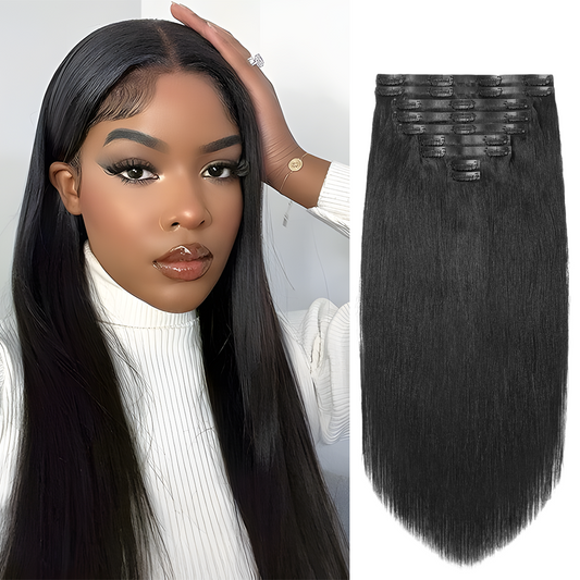 Gefily 16’’–30’’ 9PCS 120g Natural Black Straight Clip-In Human Hair Extensions – Silky & Seamless, Easy to Wear, Tangle-Free & Dyeable