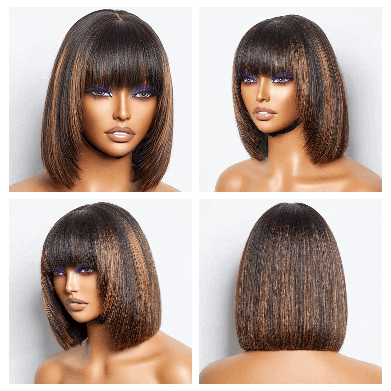 Gefily-10 Inch Glueless Bob Wig w/ Bangs (Highlight Brown)