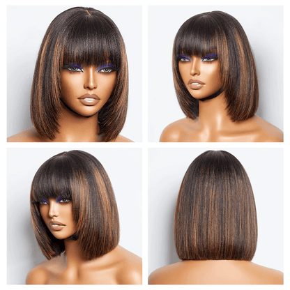 ⚡️|BigSale|Gefily 10‘’ 2x1 4/27 Highlight Brown Bob Glueless Wig w/ Bangs