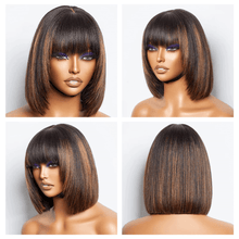 Gefily 10‘’ 2x1 4/27 Highlight Brown Bob Glueless Wig w/ Bangs-Ready-to-Wear,Natural & Stylish