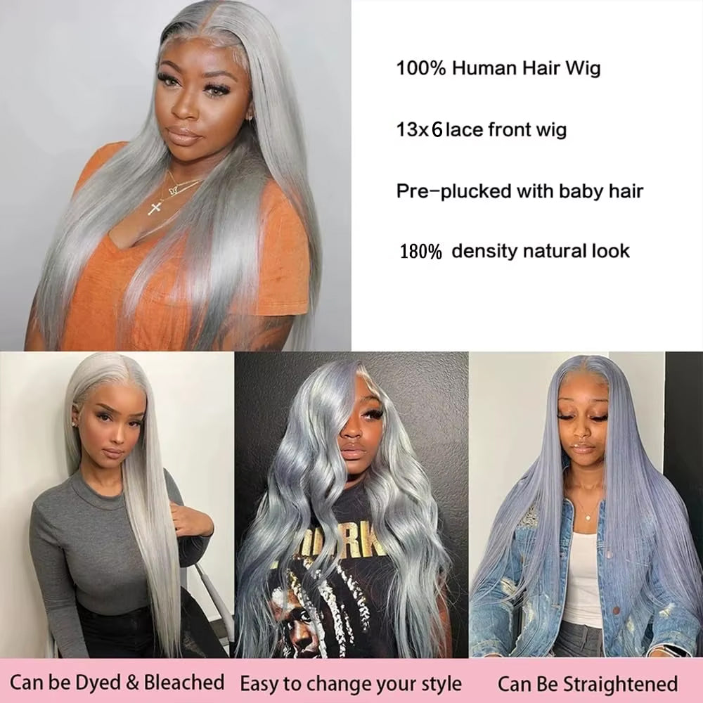 Gefily-Grey Long Straight Human Hair Super Invisible Lace Front Wigs