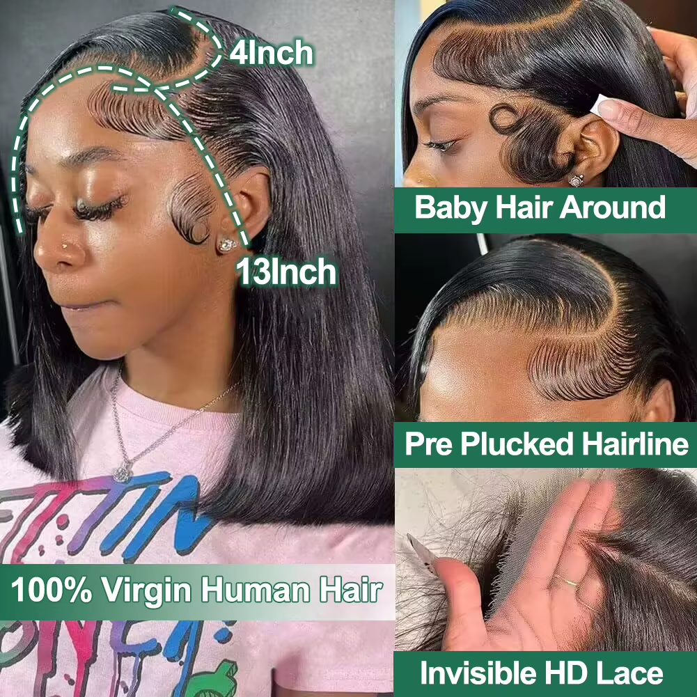 Gefily-10 Inch 13x4 HD Lace Wig Yaki Straight Bob wigs