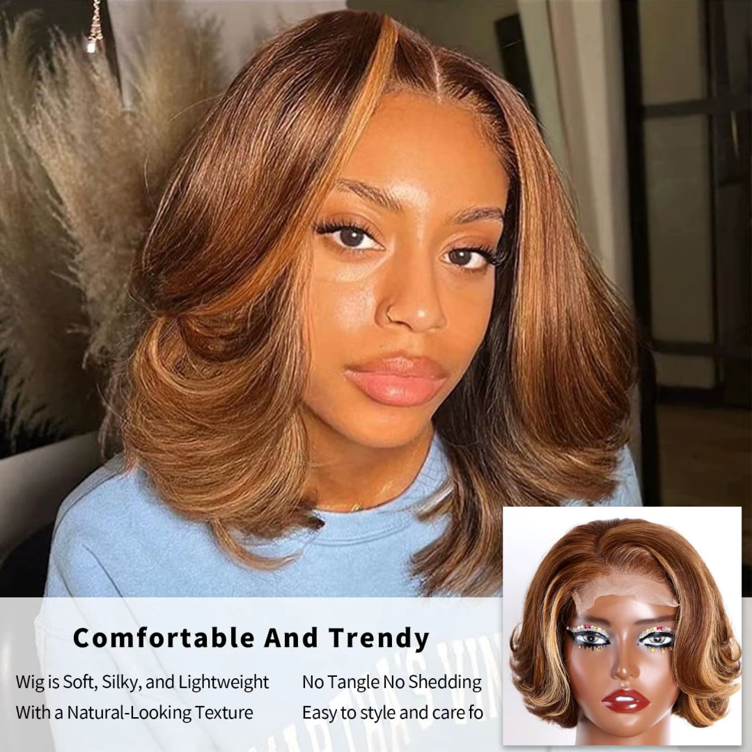 Gefily-12 Inch Toffee Brown Mix Blonde Glueless 5x5 Closure Lace Bob Wig